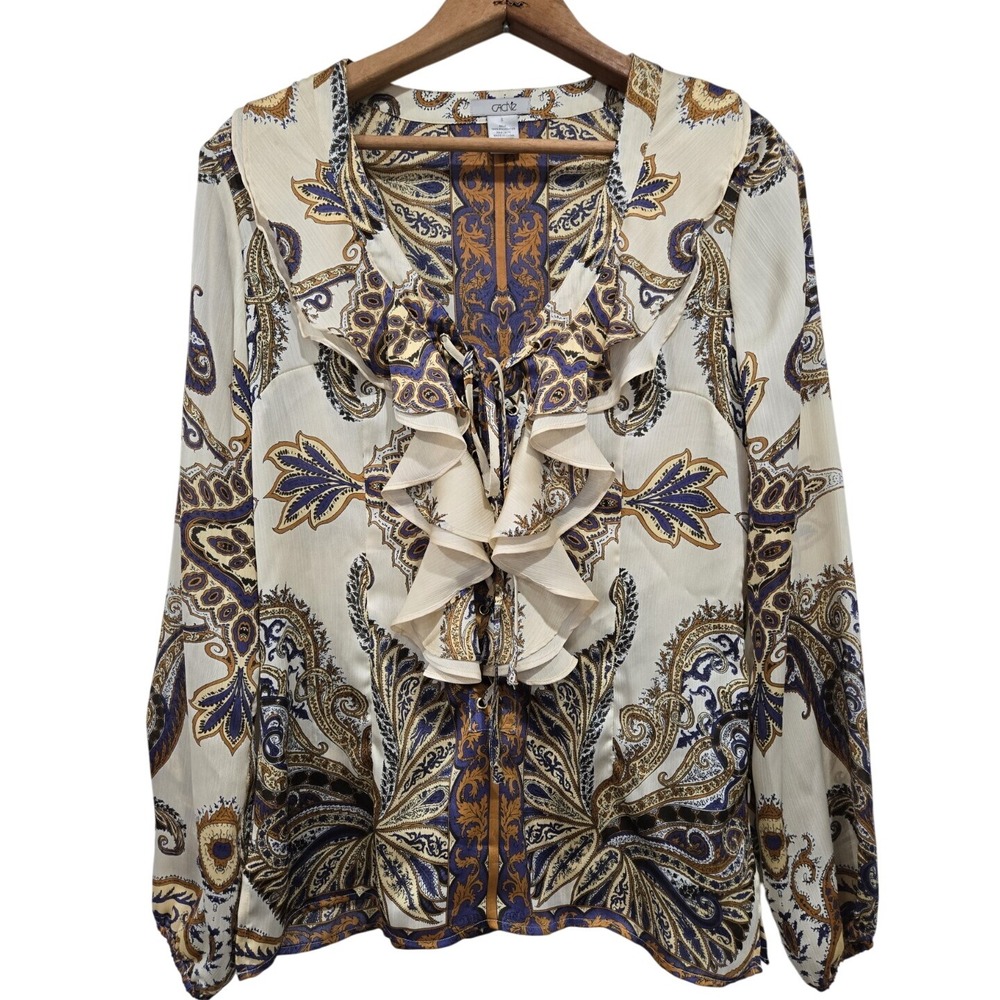 Vintage Cache Blouse Top Womens Ruffle Baroque Gold Lace Up Y2K 90s Bold Small S